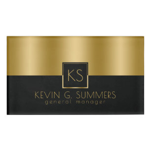 Modern Light Gold & Black Geometric Design Name Tag