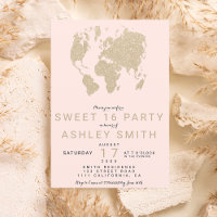 Modern light gold blush pink world map Sweet 16