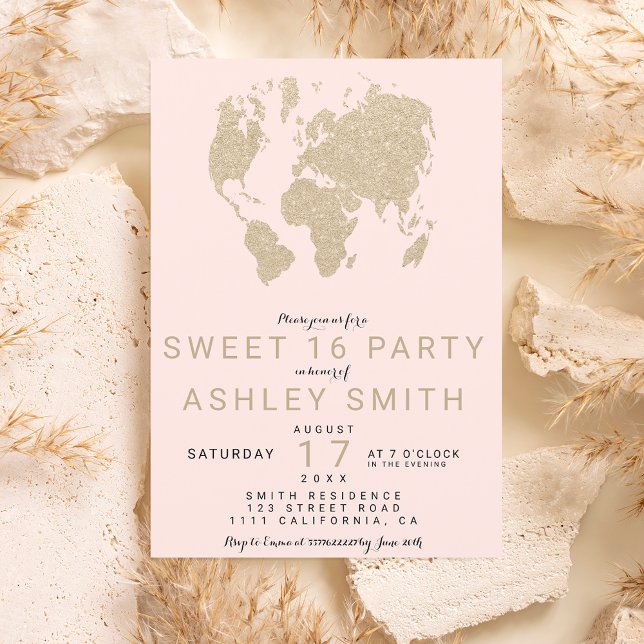 Modern light gold blush pink world map Sweet 16 Invitation (Creator Uploaded)