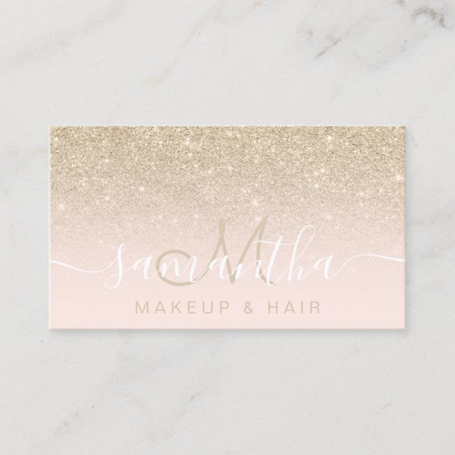 Modern light gold glitter ombre blush makeup hair business card (Front)