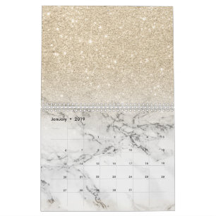 Modern light gold glitter ombre glitter marble calendar