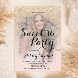 Modern light gold glitter ombre photo Sweet 16 Invitation