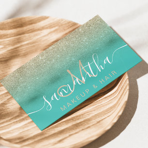 Modern light gold glitter ombre teal makeup hair business card