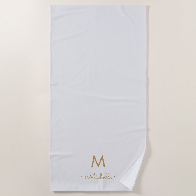 Modern Light Gray Gold Script Monogram Beach Towel (Front)