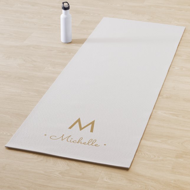 Modern Light Gray Gold Script Monogram Yoga Mat (In Situ)