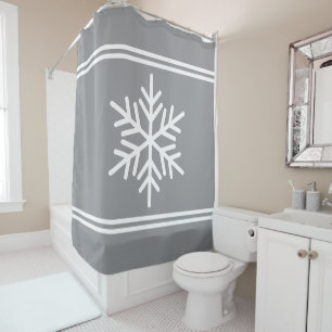 Modern Light Gray Winter White Stripes Snowflake Shower Curtain
