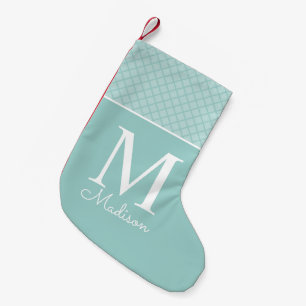 Modern light green chequered pattern name monogram small christmas stocking