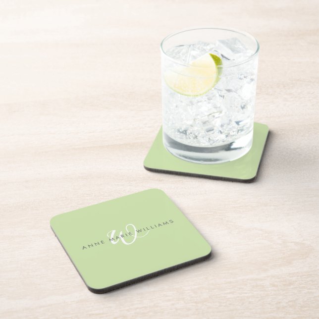 Modern Light Green White Script Monogram Coaster (Right Side)