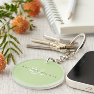 Modern Light Green White Script Monogram Key Ring
