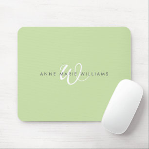 Modern Light Green White Script Monogram Mouse Pad