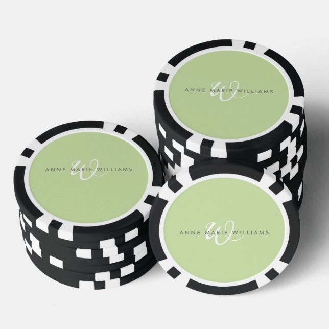 Modern Light Green White Script Monogram Poker Chips (Stack)