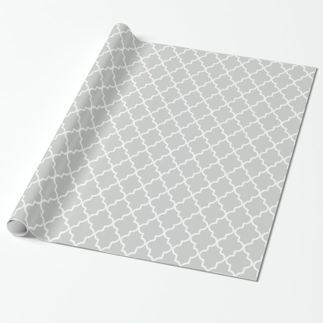 Modern Light Grey and White Moroccan Quatrefoil Wrapping Paper (Unrolled)