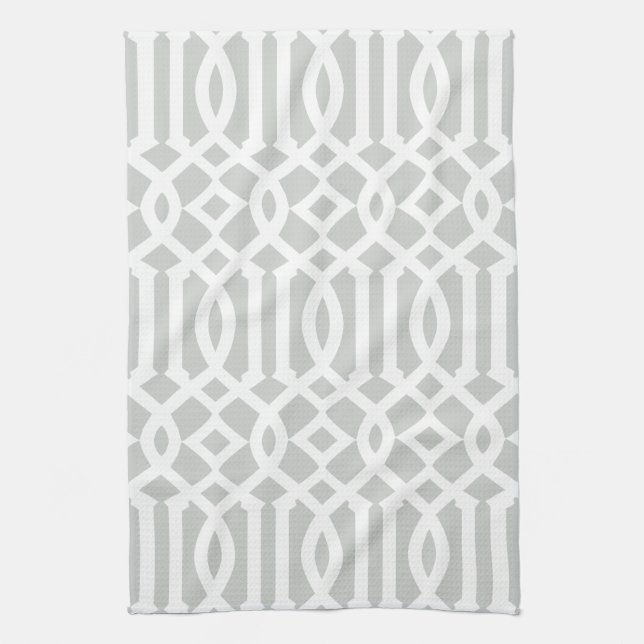 Modern Light Grey and White Trellis Pattern Tea Towel (Vertical)