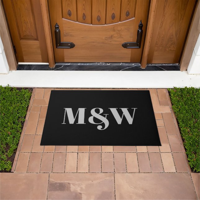 Modern light grey black custom couple monogram doormat (Outdoor)