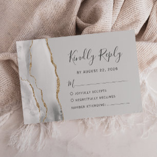 Modern Light Grey Gold Agate Wedding RSVP Card