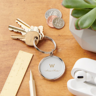 Modern Light Grey Gold Minimalist Monogram Key Ring