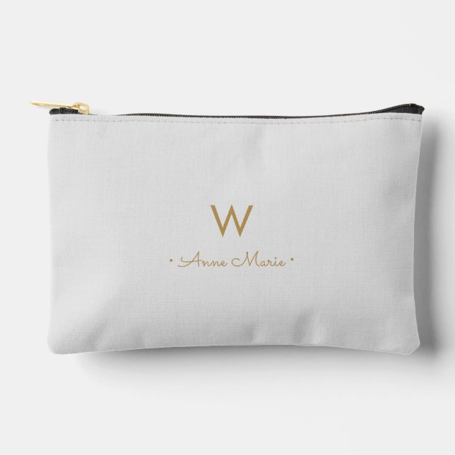 Modern Light Grey Gold Script Monogram Accessory Pouch (Front)