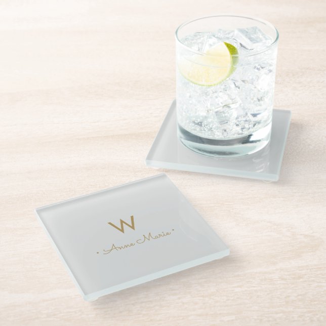 Modern Light Grey Gold Script Monogram Glass Coaster (Angled)