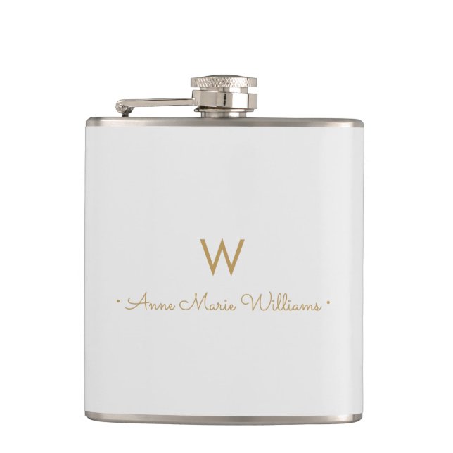 Modern Light Grey Gold Script Monogram Hip Flask (Front)