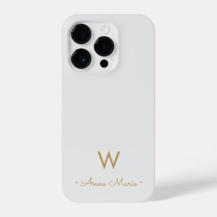 Modern Light Grey Gold Script Monogram iPhone 14 Pro Case