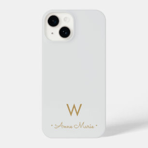 Modern Light Grey Gold Script Monogram iPhone 14 Case