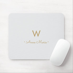 Modern Light Grey Gold Script Monogram Mouse Pad