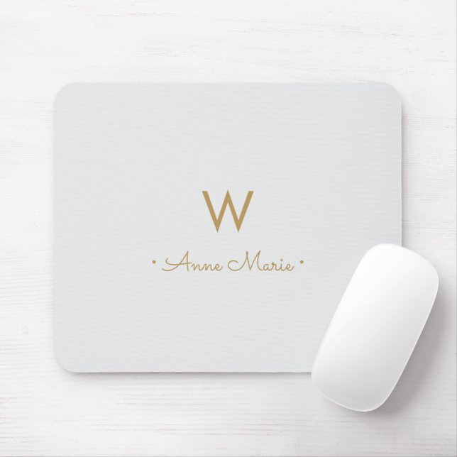 Modern Light Grey Gold Script Monogram Mouse Pad (With Mouse)