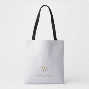 Modern Light Grey Gold Script Monogram Tote Bag