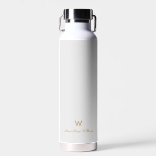 Modern Light Grey Gold Script Monogram Water Bottle