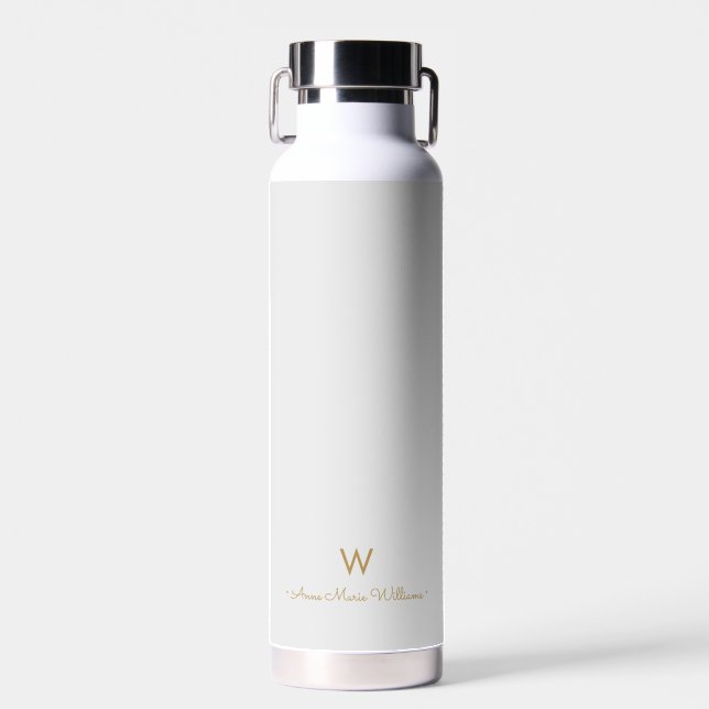 Modern Light Grey Gold Script Monogram Water Bottle (Front)