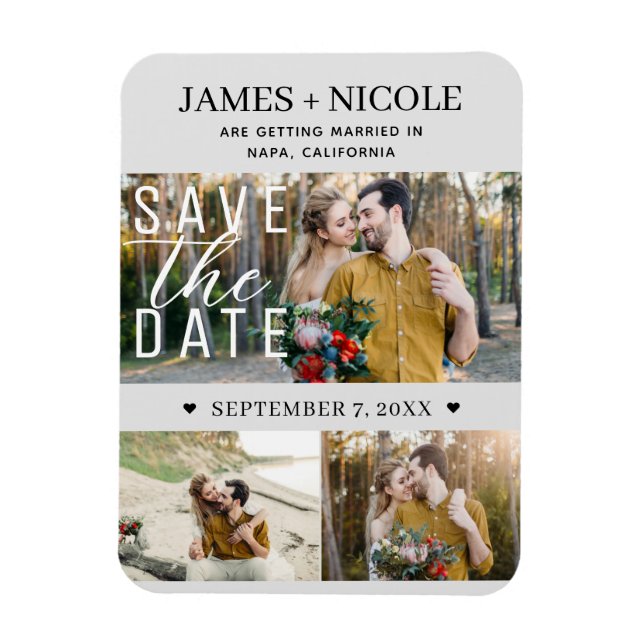 Modern Light Grey Save the Date Wedding 3 Photos Magnet (Vertical)