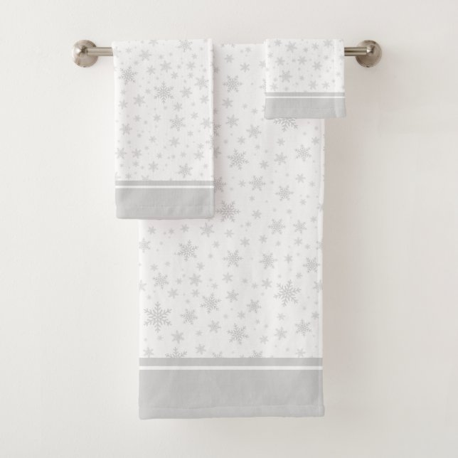Modern Light Grey Snowflakes on White Bath Towel S (Insitu)