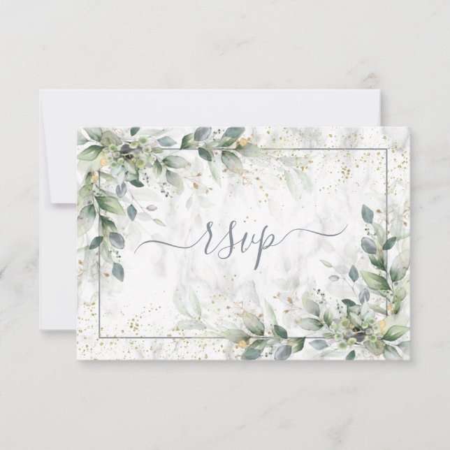 Modern Light Grey White Floral Gold Marble RSVP (Front)