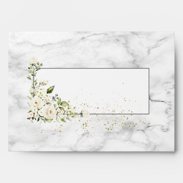 Modern Light Grey White Floral Gold Marble Wedding Envelope (Front)