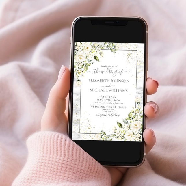 Modern Light Grey White Floral Gold Marble Wedding Invitation (Creator Uploaded)