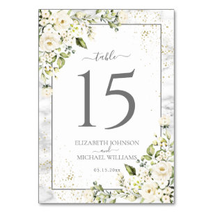 Modern Light Grey White Floral Gold Marble Wedding Table Number