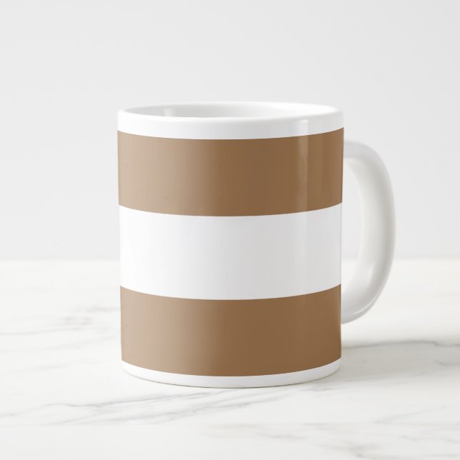 Modern Light Mocha Brown White Nautical Stripes Large Coffee Mug (Front Right)