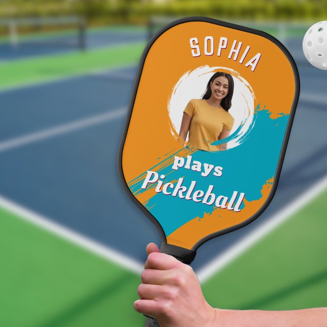 Modern Light Orange Custom Photo Personalised Pickleball Paddle (A cool pickleball paddle in orange and turquoise, personalized with a name and photo on both sides)