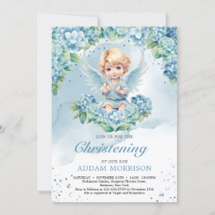 Modern Light pastel blue hydrangea boy angel  Invitation