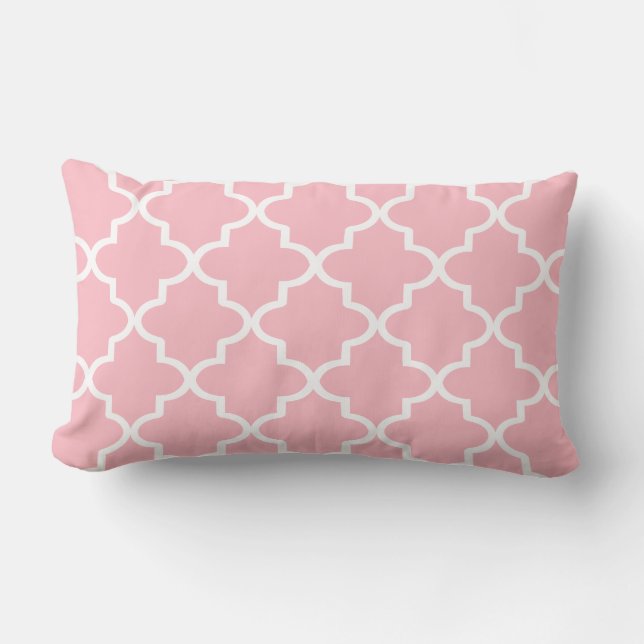 Modern Light Pink and White Moroccan Quatrefoil Lumbar Cushion (Front)