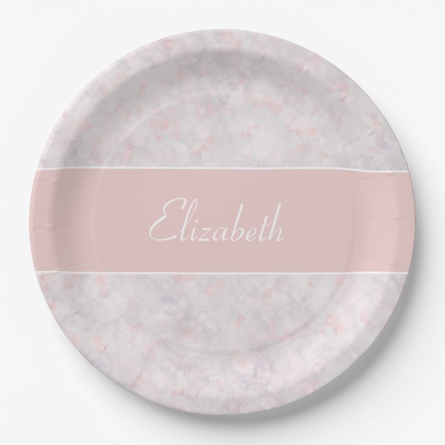 Modern Light Pink Bokeh Custom Name Paper Plate (Front)