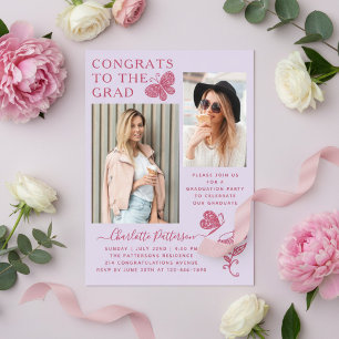 Modern Light Pink Butterfly Photo Graduation Party Acrylic Invitations
