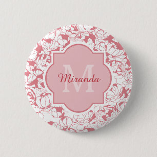 Modern Light Pink Floral Girly Monogram With Name 6 Cm Round Badge