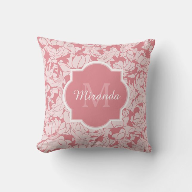 Modern Light Pink Floral Girly Monogram With Name Cushion (Front)