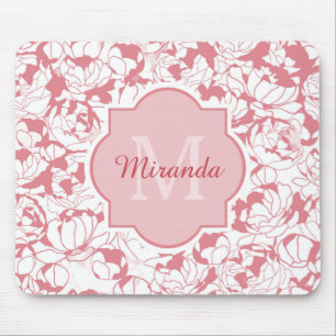 Modern Light Pink Floral Girly Monogram With Name Mouse Pad