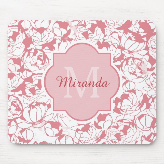 Modern Light Pink Floral Girly Monogram With Name Mouse Pad (Front)