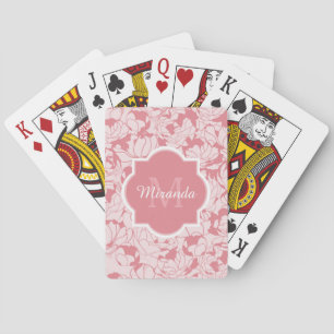 Modern Light Pink Floral Girly Monogram With Name Playing Cards