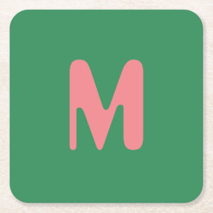 Modern Light Pink Initial Letter   Seaweed Green Square Paper Coaster