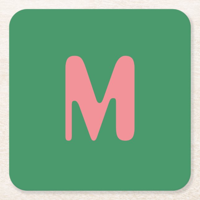 Modern Light Pink Initial Letter | Seaweed Green Square Paper Coaster (Front)