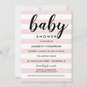 Modern Light Pink Stripe Script Baby Girl Shower Invitation